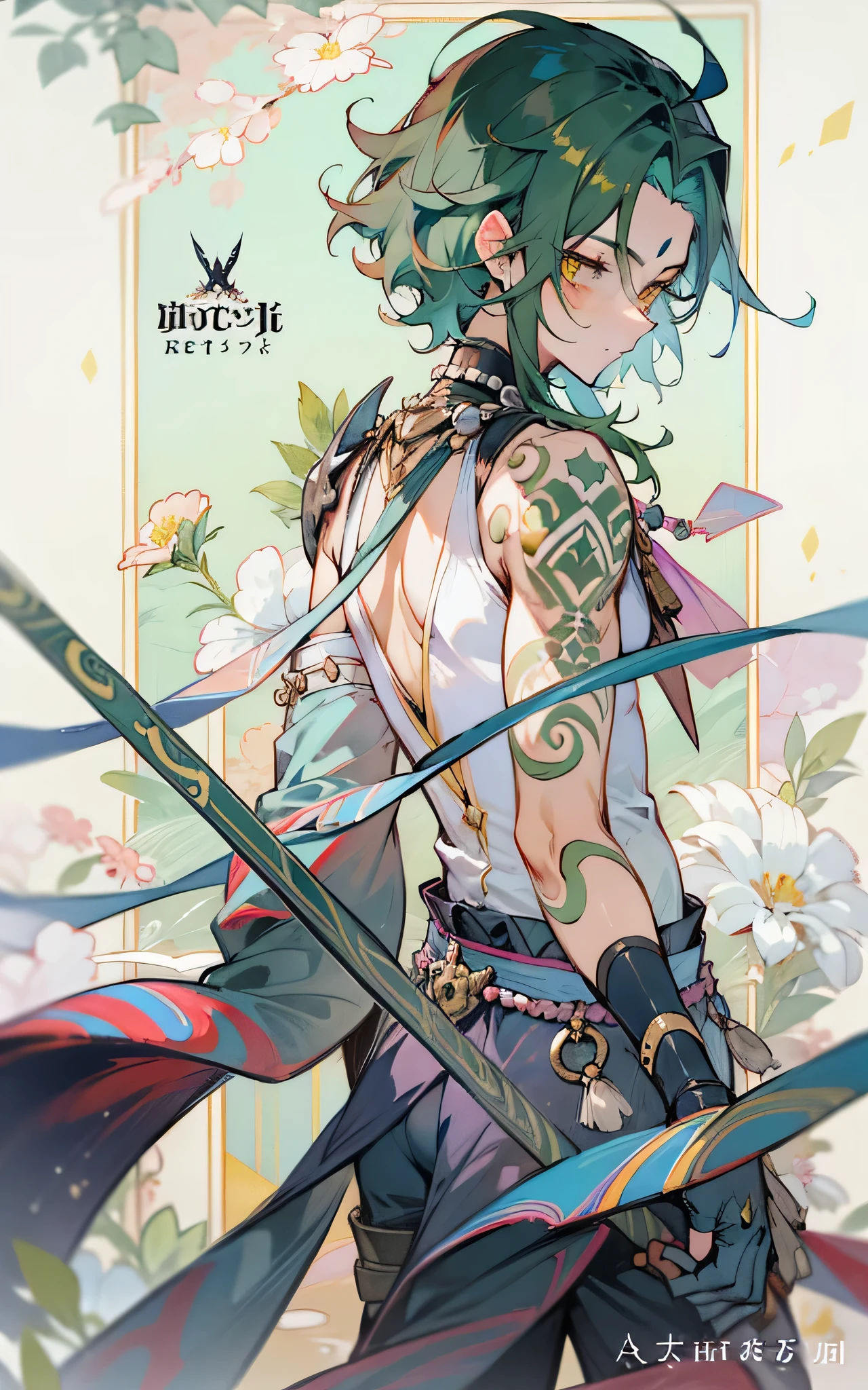 1 boy, Dark green hair, Best quality, tmasterpiece, Extrem, yellow eyes, malefocus, pretty eyes, mandrill, flower ring, leafs,a feeling of desolation,grieves