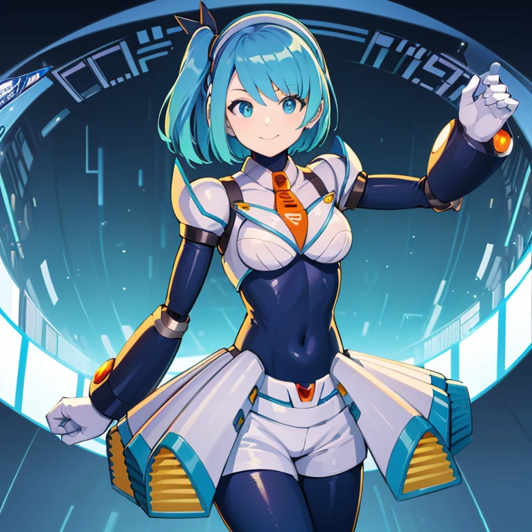 master piece, best quality, high-res, perfect_body, rico_megamanxdive, 1girl, solo, blue eyes, short hair, blue hair, android, bodysuit, cyberspace, masterpiece, high quality, smile, Cyber-shot, Cyber-effect,