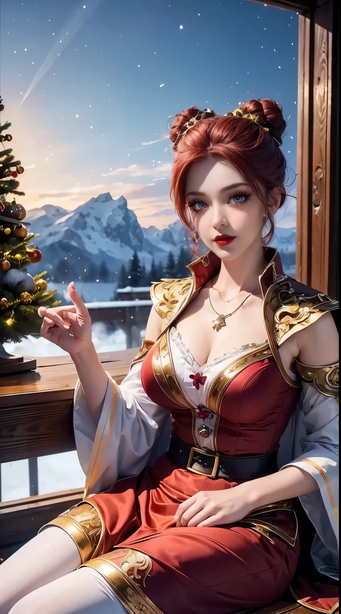 ((masterpiece)), ((best quality)), (ultra-detailed), (super fine illustration), ((kawaii)), cuovely), ((extremely detailed)), (Detailed eyes), (detailed facial features), (Detailed fingers), (detailed clothes features), 4K, (8K), (beautiful), (dynamic composition), (cowboy shot:1.3), (santa costume:1.3), sitting on a stump, a pretty woman, 1 woman, (brown skin:1.2), black hair, medium  hair, (beautiful blue eyeeautiful eyes)), White teeth, (tights), (hair ornaments), earringib necklace), (laulush, mountain, village, evening, winter, Shine with colored light, lens flare, (snow effect), shiny, christmas tree,short hair,hair bun, red hair