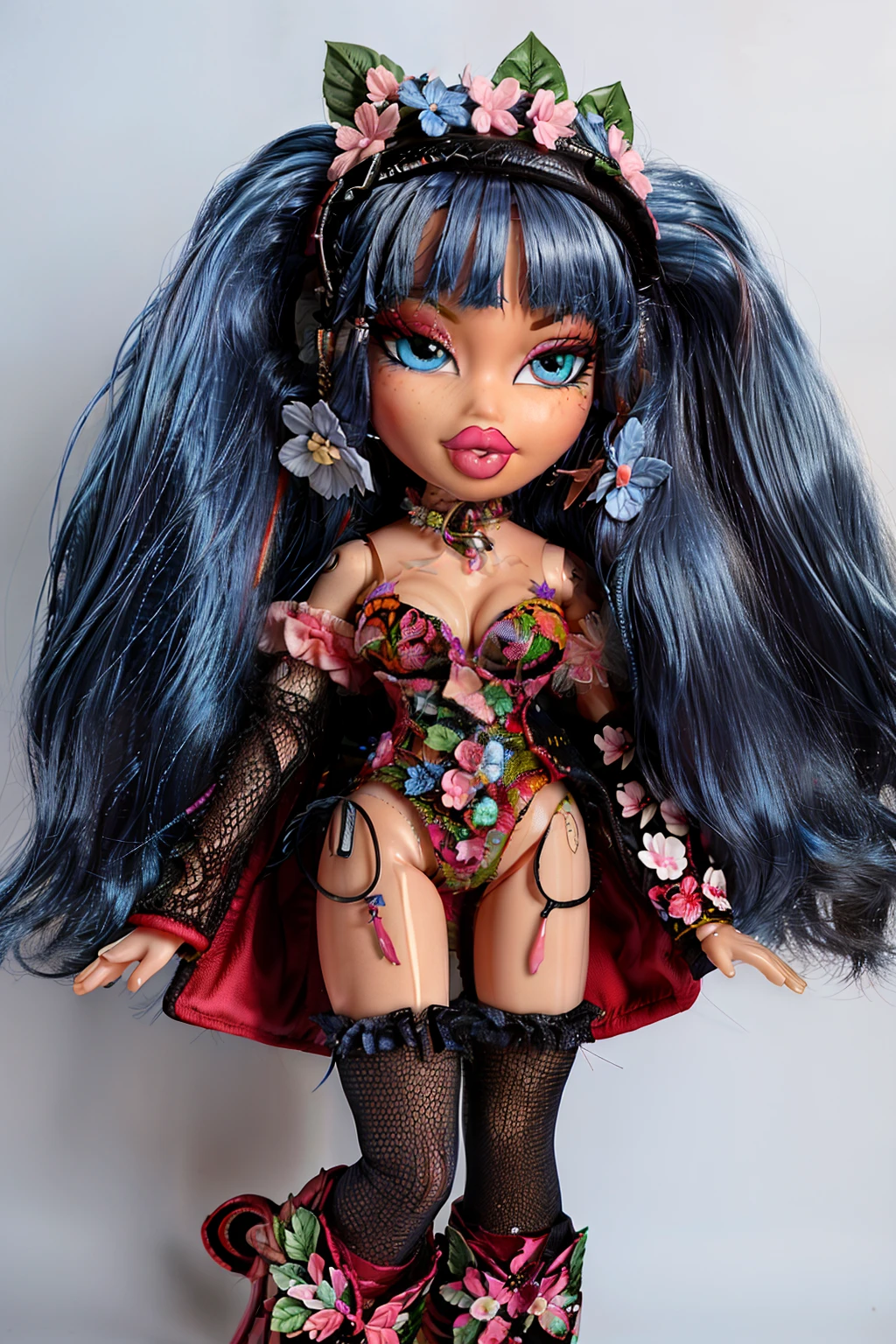 Bratz girl with detailed eyes and big lips and blue curly rococo hair with black hat, wearing versace colorful flowers dress , full body , plastic skin , doll joints , ,(masterpiece, top quality, best quality, beautiful and aesthetic:1.2), hinanawi_tenouhou, doll, revealing clothes, big head, animal ears, mouse ears, 1girl, solo, breasts, curvy, wide hips, narrow waist, joints, doll joints, cleavage, bursting breasts, huge breasts, lips, blue_hair, long_hair, red_eyes, peach, food, fruit, hat, blush, black_headwear, bow, leaf, hair_between_eyes, full body, high heels, thighhighs, long legs,