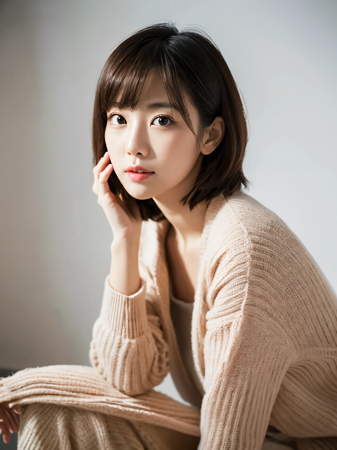 ((masutepiece,top-quality)), (photographrealistic:1.4),((masutepiece,8K)),hight resolution,Studio Soft Light, Rim Lights, vibrant detail, realistic skin textures,Japanese, 1 beautiful woman, Short hair, Wave hair, faint thin bangs, make - up, 38 years, Detailed skin, cardigan, wide-leg pants, White background, White Room,white walls, fully body photo, Looking at Viewer