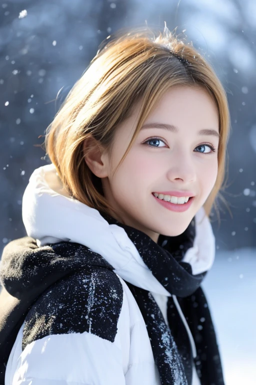 1 female、brue eyes、Blue eyes、Beautiful eyes、profile、looking at the snow、Happy look、a short bob、a blond、Beautiful hair color、It's snowing、Smiling、White teeth are visible、Well-formed eyebrows、short-hair、touching the snow、Wearing a hood、
Winter scene、depth of fields、High quality、profile、Turning around、bustup、