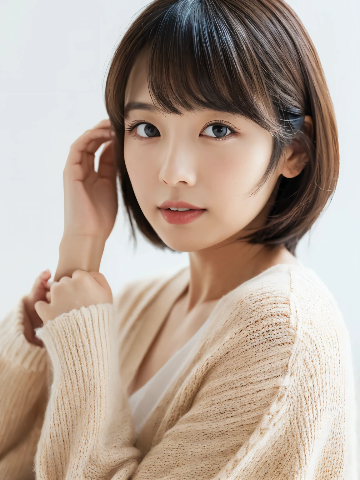 ((masutepiece,top-quality)), (photographrealistic:1.4),((masutepiece,8K)),hight resolution,Studio Soft Light, Rim Lights, vibrant detail, realistic skin textures,Japanese, 1 beautiful woman, Short hair, Wave hair, faint thin bangs, make - up, 38 years, Detailed skin, cardigan, wide-leg pants, White background, White Room,white walls, fully body photo, Looking at Viewer