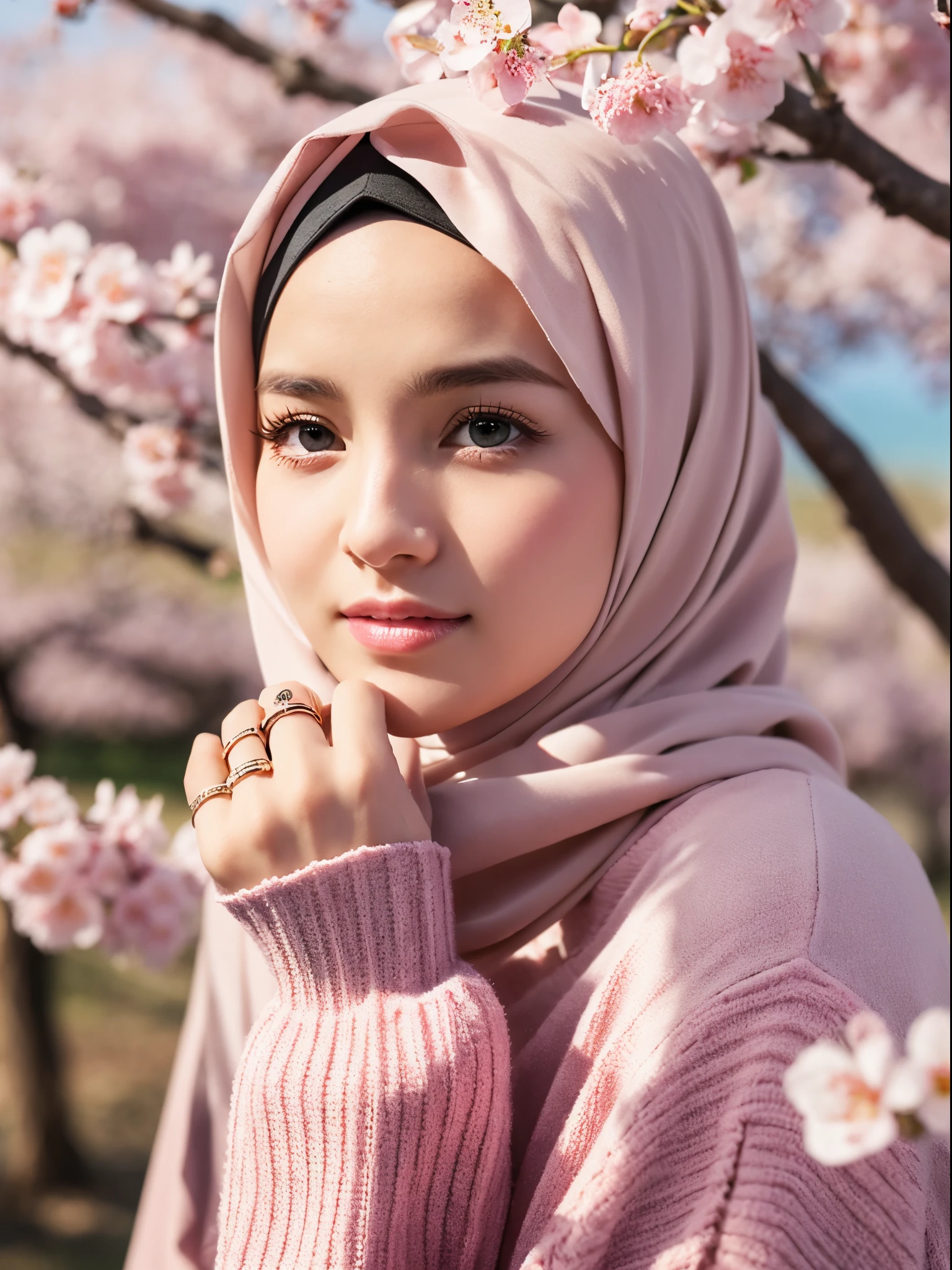 hijab, rings, cherry blossom