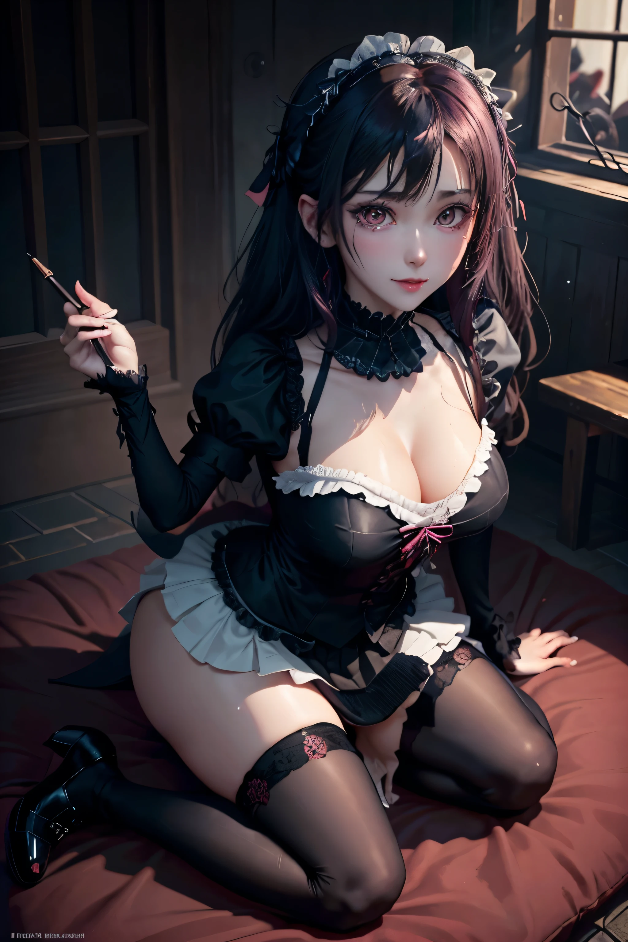 ハードDark Gothicメイク、Maniacal、Deep night sky、horor、Black Dark Eyeshadow、crying how bright、mourn、Good skin luster、Dark Gothicメイク、Dark smile、Restless Palace、Expressions of sexual arousal、Fragrant beauty、22year old、Lying、seductiv、Strong sexual pleasure facial expressions、A look of shame、Dark Gothic、Obscene look、masutepiece、Best Quality、Refers to 5 books、Expression of sexual pleasure in anguish、Drunken face、maid clothes、Mysterious、noble、Face holding back the toilet、Transcendent sex appeal、Affectionate smile、twin-tail hair、jet black ruffle skirt、Right blue eye, The left eye is red、Gothic bed covered with roses、Transcendent Bewitching Pose、stick out buttocks、platform heel shoes、heavy make up、moderate breast size、black lipstick、stain glass、black metal world、sloppily open your legs、Beautifying the world、sit on a bed of roses、Gothic ta服、put your hair up、a little slender、super dark pink hair、Long hair straight hair、cute gothic loliress、美丽的面容、Elegant face、Bewitching look、knee high socks、thigh-high socks、stain glassが背景、the body is wet and shiny、Lots of glitter on the thighs、I'm sweating a lot、A lot of sweat and stickiness on the thighs、Sweat shining generously on the thighs、The whole body is shiny with sweat、Quite sweaty、My thighs are sweaty、my thighs are so wet、My chest is shiny from a lot of sweat、I sweat a lot and my thighs are shiny.、The room is dark、A slender、Moderate breast size、Gothic lolita、bsleeves、Wizard Sleeve、decadent look、Sexually aroused facial expressions、Write a diary、ritualistic、ゴシックritualistic、Glossy thighs wet with water、oily thighs、unusual and mysterious look、