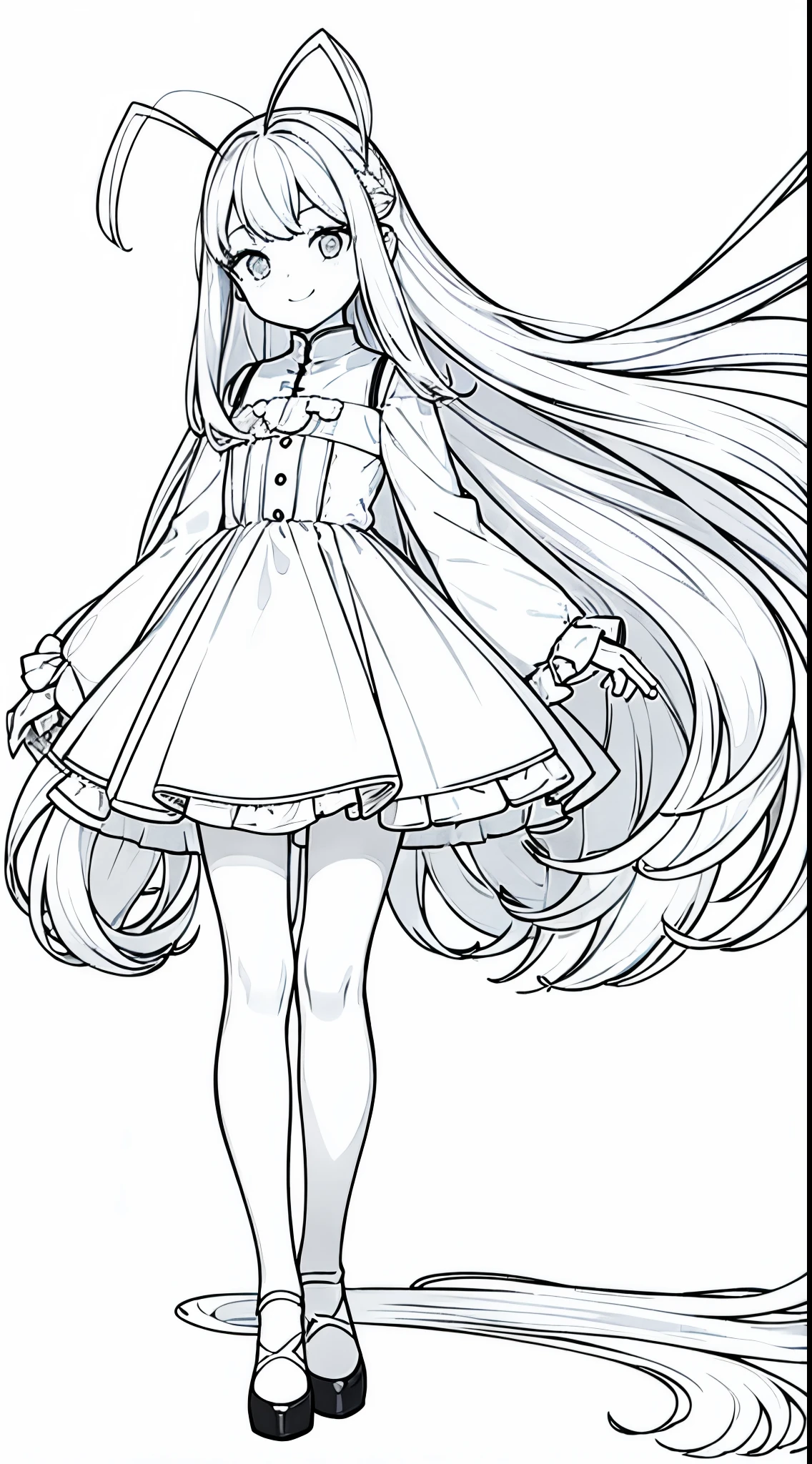 1girl,10 years old,white hair,long hair,white pantyhoses,white dress mono color,(((hair 2antennas))),smile,(white background,line drawing),full body,standing
