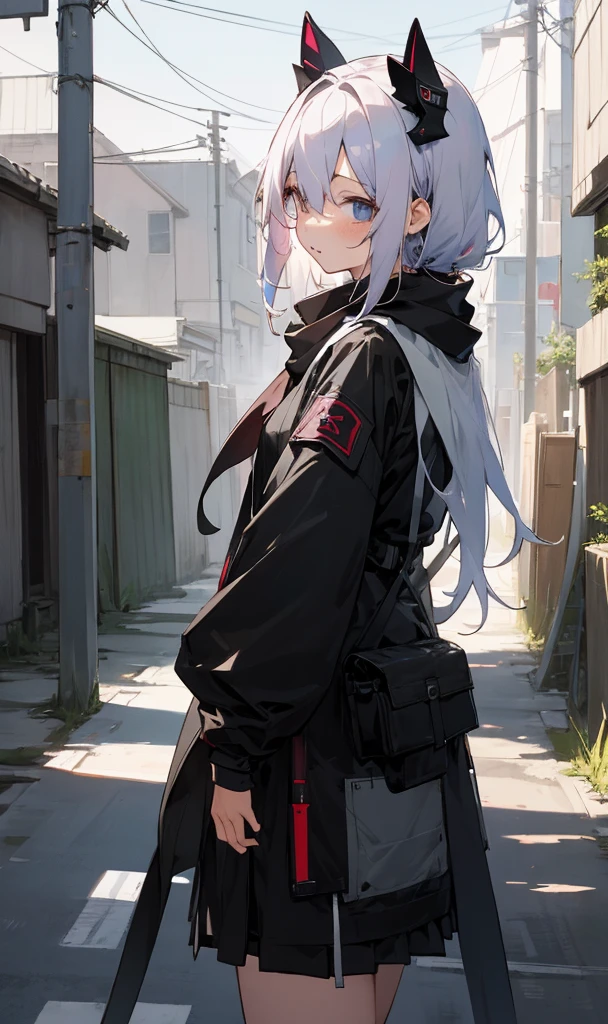 ​masterpiece、top-quality、女の子1人、pale hair、Twin-tailed、kawaii、scarf、Exposed black futuristic combat uniform、outside of house、Street、casual,Ruins