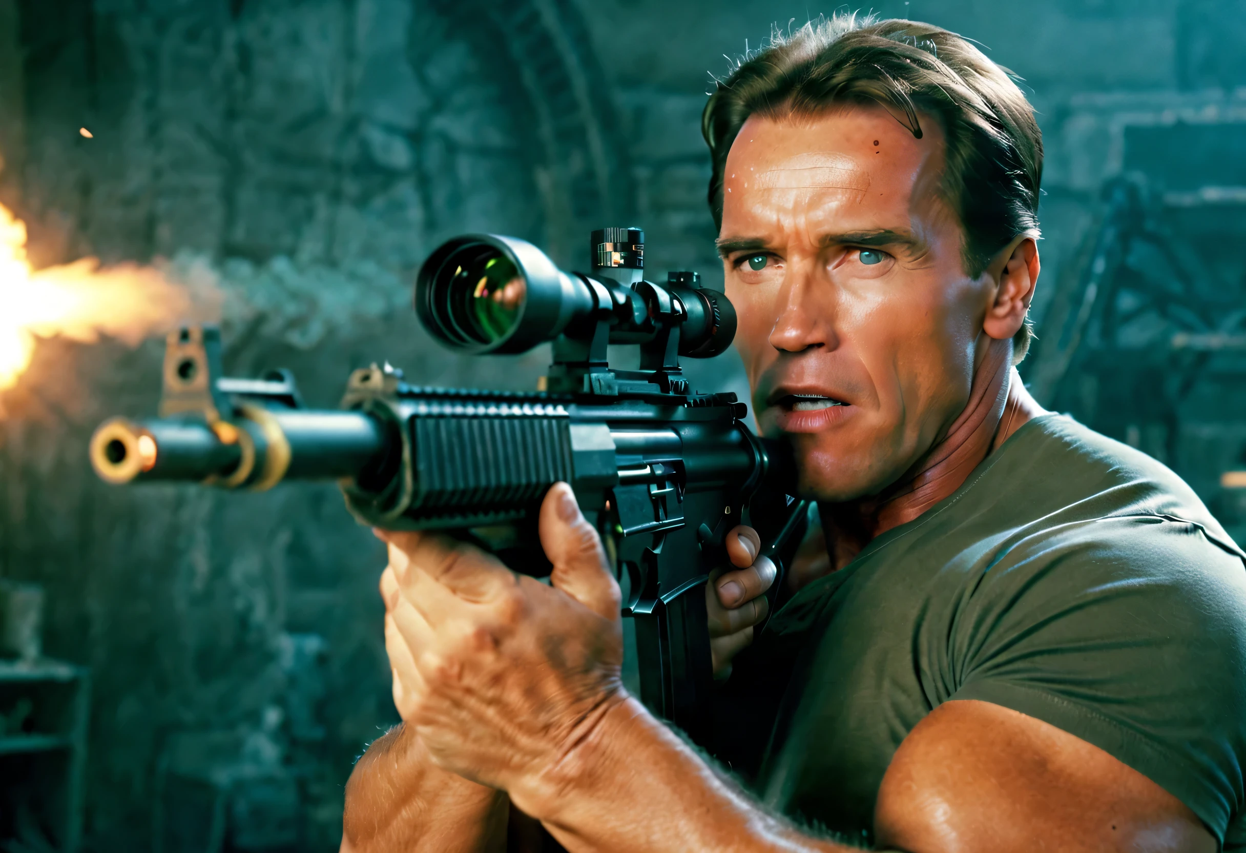 (best quality,4k,8k,highres,masterpiece:1.2),ultra-detailed,realistic:1.37,arnold schwarzenegger,brutal,vivid colors,sharp focus,machine gun in hand,shooting,burst fire,empty casings dropped down ,explosions on background,dramatic lighting,strong shadows,physically-based rendering, determined eyes,smoke-filled air,high-contrast,