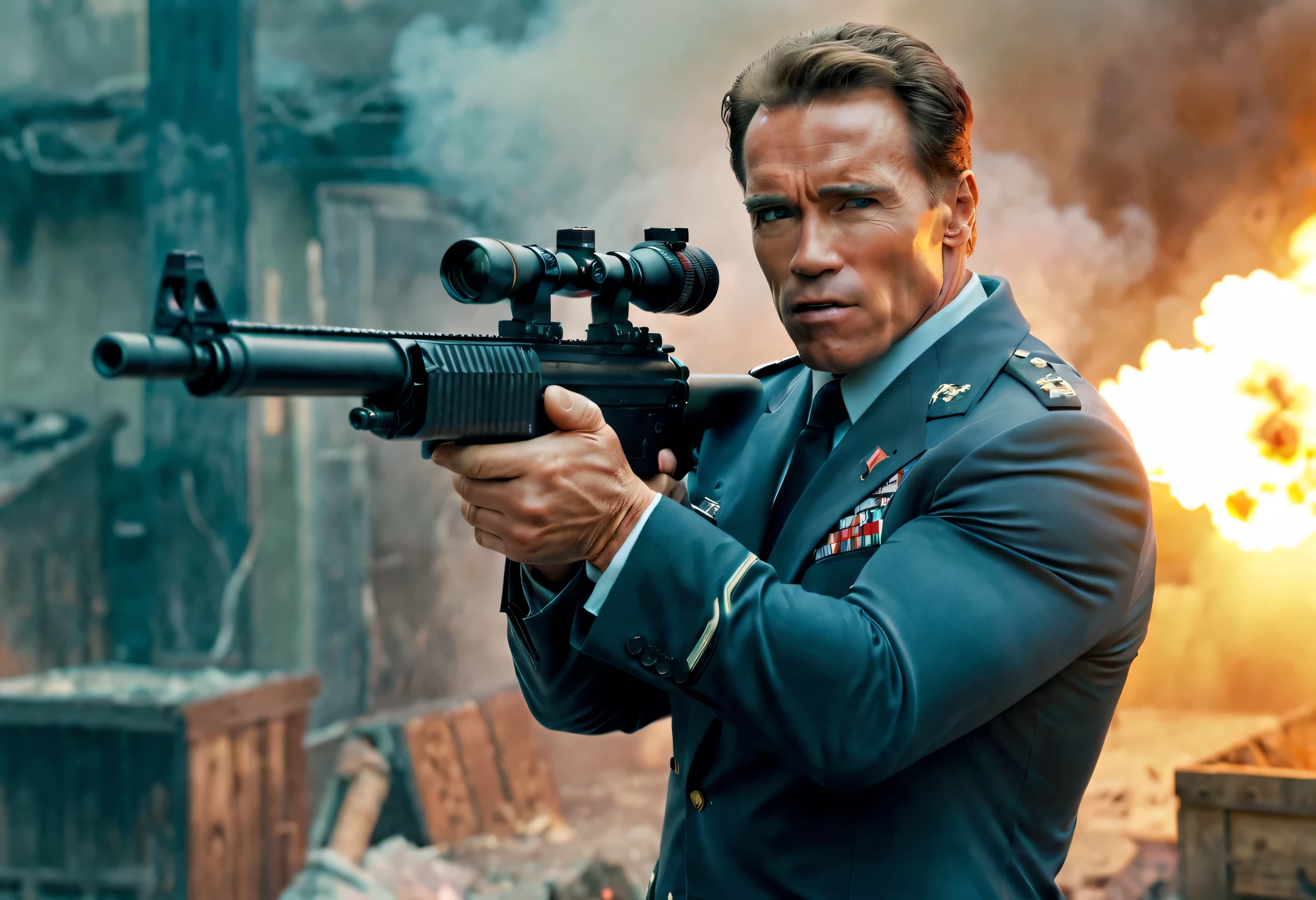 (best quality,4k,8k,highres,masterpiece:1.2),ultra-detailed,realistic:1.37,arnold schwarzenegger,brutal,vivid colors,sharp focus,machine gun in hand,shooting,burst fire,empty casings dropped down ,explosions on background,dramatic lighting,strong shadows,physically-based rendering, determined eyes,smoke-filled air,high-contrast,