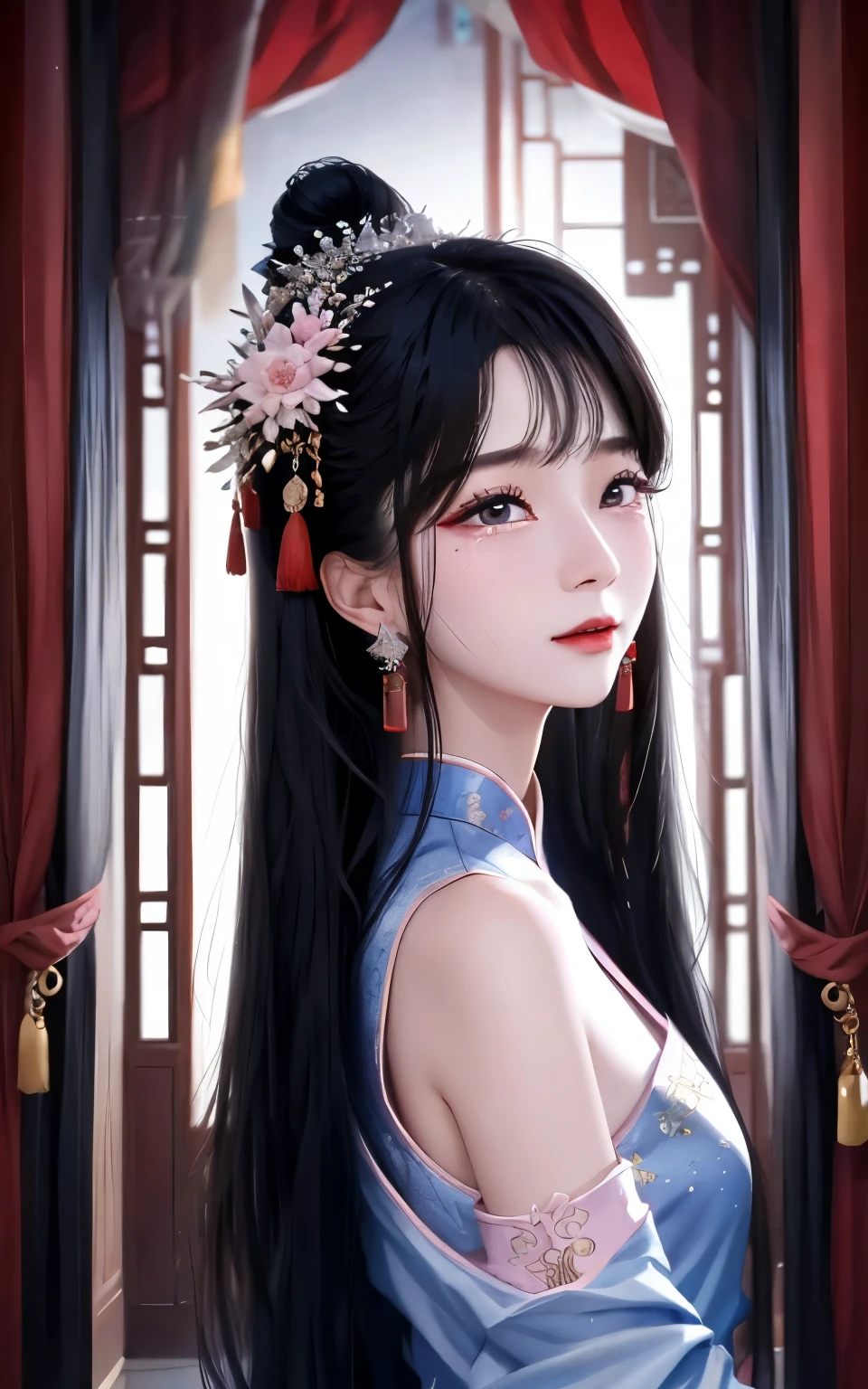 natta，Beautiful Chinese girl，weeping，streaming tears，Shoulder skin，Elaborate Eyes，Detailed faces，Wear a black dress，interior of chinese building，Pink curtaintravagant furnishings，palaces，Summer palace，Grand hotel，delicated face, Nice face，The fountain，natta，blueglow，
