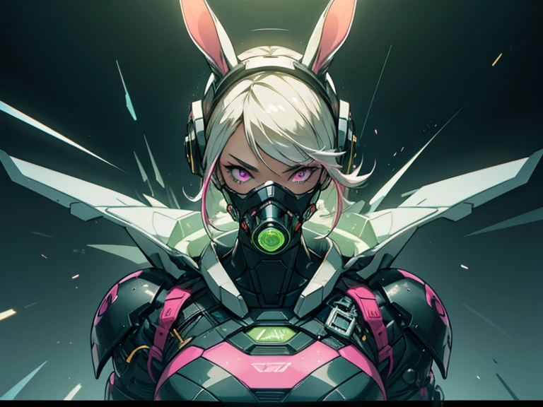 (3 heads:1.5), 1girl, ((melhor qualidade)), de Cyborg no estilo cyborg,cabelos grisalhos,penteado longo do rabo de cavalo,Wear headphones shaped like rabbit ears and a gas mask,The gas mask has a green light on the surface,Vestido com um terno branco,There are long pink bands of light on the clothes,Pink eyelash glove),The left hand is a mechanical prosthesis,The main body is connected by wires and tubes, ((tmasterpiece)), (O detalhe:1.4), 。...3d, Uma bela imagem feminina cyberpunk,HDR(HighDynamicRange),Traching de raias,NVIDIA RTX,Hyper-Resolution,irreal 5,Subsurface scattering、Textura PBR、post process、Filtragem de anisotropia、profundidade de campos、maximum definition and sharpness、Texturas de muitas camadas、Albedo e mapas Speculares、Surface Coloring、Precise simulation of light-material interactions、perfectly proportions、rendering by octane、Luz bicolor、grande abertura、ISO baixo、White balance、The rule of thirds、Dados brutos 8K、