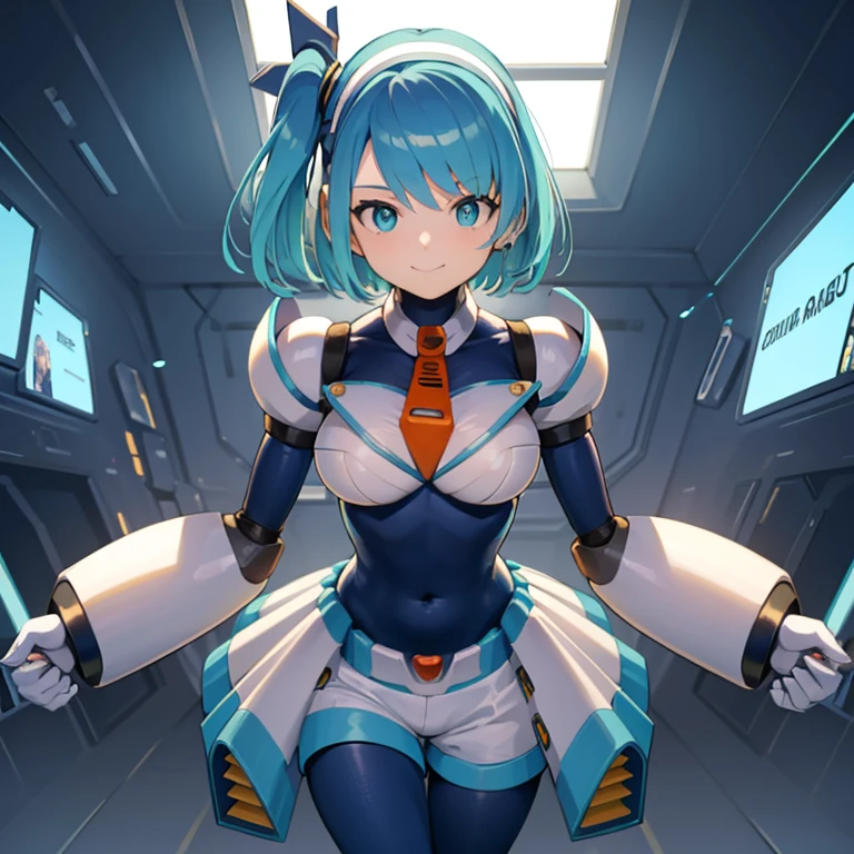 master piece, best quality, high-res, perfect_body, rico_megamanxdive, 1girl, solo, ****, blue eyes, short hair, blue hair, large_breasts, android, bodysuit, cyberspace, masterpiece, high quality, smile, Cyber-shot, Cyber-effect,