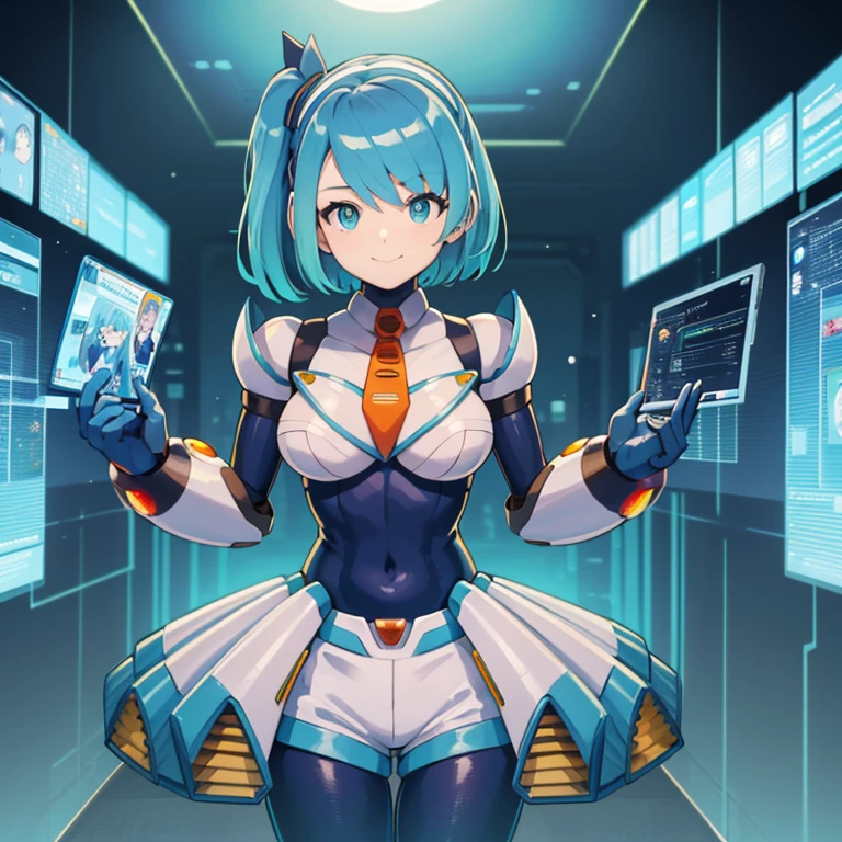 master piece, best quality, high-res, perfect_body, rico_megamanxdive, 1girl, solo, ****, blue eyes, short hair, blue hair, large_breasts, android, bodysuit, cyberspace, masterpiece, high quality, smile, Cyber-shot, Cyber-effect,