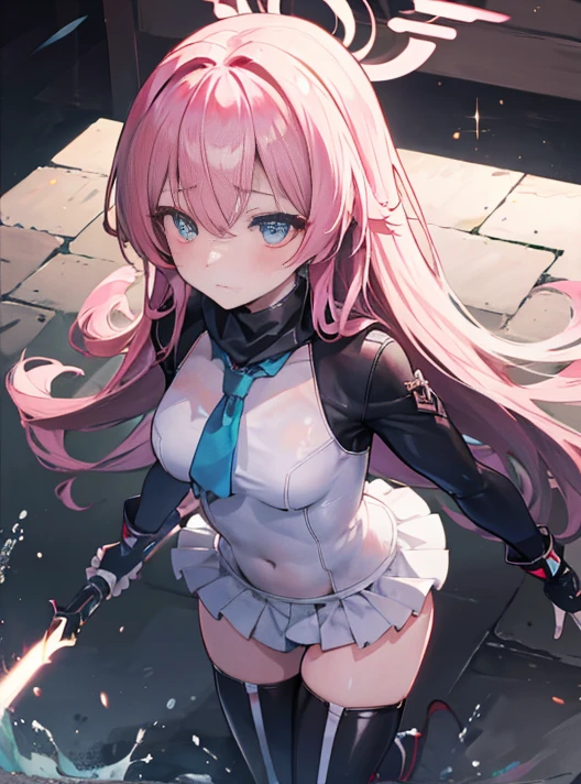 masutepiece, Best Quality,Squat ,Crab crotch,Leotard,highleg, Elegant, 1girl in, thigh high boots, well-muscled,Cute, blushed, Looking at Viewer, From above,, Mini skirt, White and black striped T-shirt, Blue eyes, Beautiful eyes, Beautiful background, light Particle, Sun rays, Dramatic Lighting, Outside, shiny, Realistic, masutepiece, Best Quality, Ultra-detailed, Detailed, Scenery, Beautiful detailed eyes, detailed hairs