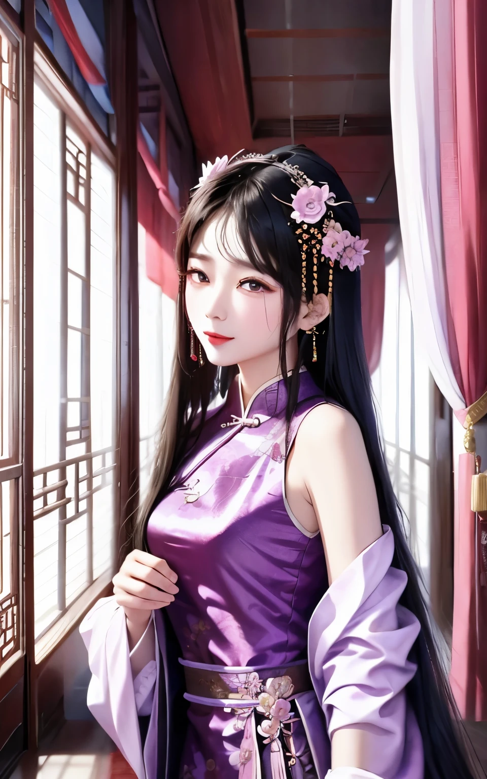 natta，Beautiful Chinese girl，weeping，streaming tears，Shoulder skin，Elaborate Eyes，Detailed faces，purple dress，interior of chinese building，Pink curtaintravagant furnishings，palaces，Summer palace，Grand hotel，delicated face, Nice face，The fountain，natta，blueglow，