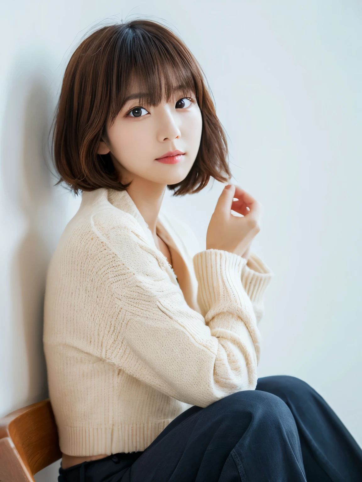 ((masutepiece,top-quality)), (photographrealistic:1.4),((masutepiece,8K)),hight resolution,Studio Soft Light, Rim Lights, vibrant detail, realistic skin textures,Japanese, 1 beautiful woman, Short hair, Wave hair, faint thin bangs, make - up, 38 years, Detailed skin, cardigan, wide-leg pants, White background, White Room,white walls, fully body photo, Looking at Viewer