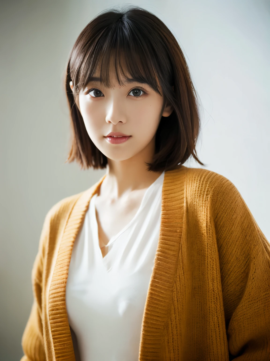 ((masutepiece,top-quality)), (photographrealistic:1.4),((masutepiece,8K)),hight resolution,Studio Soft Light, Rim Lights, vibrant detail, realistic skin textures,Japanese, 1 beautiful woman, Short hair, Wave hair, faint thin bangs, make - up, 38 years, Detailed skin, cardigan, wide-leg pants, White background, White Room,white walls, fully body photo, Looking at Viewer