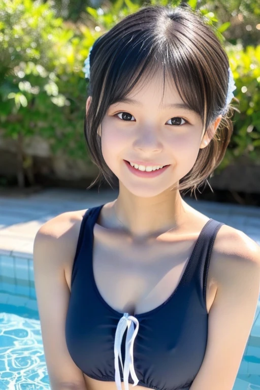 (((masterpiece))), (One beautiful Japan girl, classmates, landscape and innocence,kawaii) ,超A high resolution, Realistic, ultra-detailliert, 8K,top-quality, Extremely detailed, Detailed background,A slender,very beautiful japanese girl, Detailed face:1.3), (Boyish short-haired,A dark-haired :1.4), (a ,kawaii系,adorable 14 year oPerfect body:1.1), (cute ruffled swimsuit), Smile,Please show me your beautiful teeth,Super Detailed Face、Detailed lips、A detailed eye、small gravure idol,Transparent skin、Lori,in a pool、wet face,a wet body,View from above with strong summer sun,Please show me your whole body,I can see Oheso