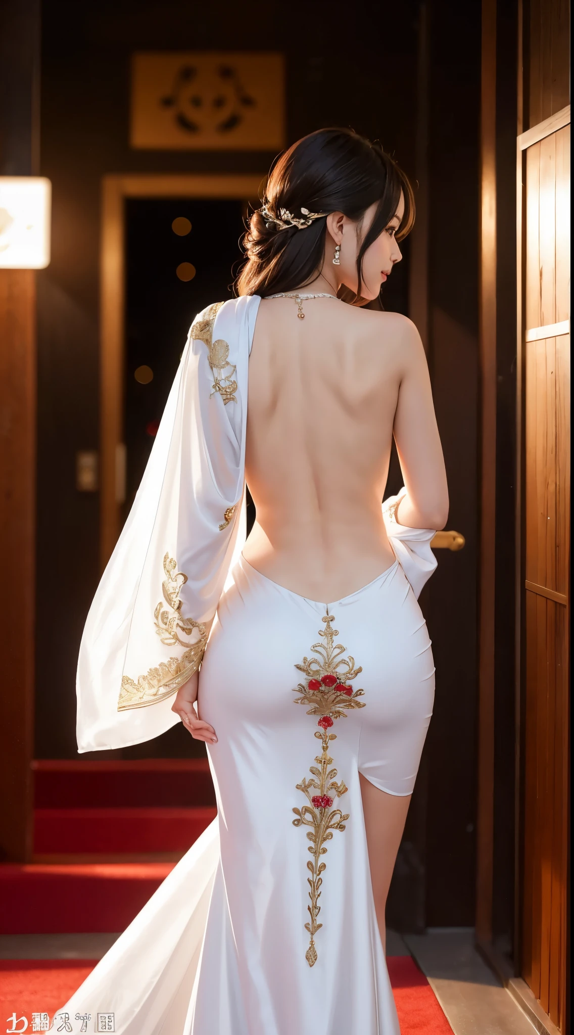 (Best Quality, masutepiece, photographrealistic, ultra-detailliert, 超A high resolution, raw:1.3), (1 woman, Beautiful Japan actress, 25 years old), double iris), (Smile), Detailed face, She has big ring earrings and red eyeshadow makeup.。，light brown delicate middle cut hair，The ends of the hair are wavy，Classy hairstyle，Detailed eyes, (Actress with slender figure，small tits, Smaller hips, sideboob barbosa), (Butt crack, naked waist, Bare back:1.3), (sexy silk embroidered mermaid dress:1.2), (from behind), up looking_で_viewer, BREAK black long hair, BREAK (Ceremony, Red carpet, Large crowds:1.5),The buttocks are well exposed，