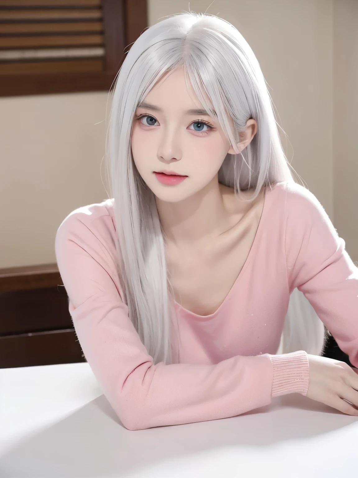 Be a girl with pink skin, pretty eyes (red eyes) as deep as the night sky, Half sad face lying on the table, White hair, looking at you, With anime/Semi-realistic art style