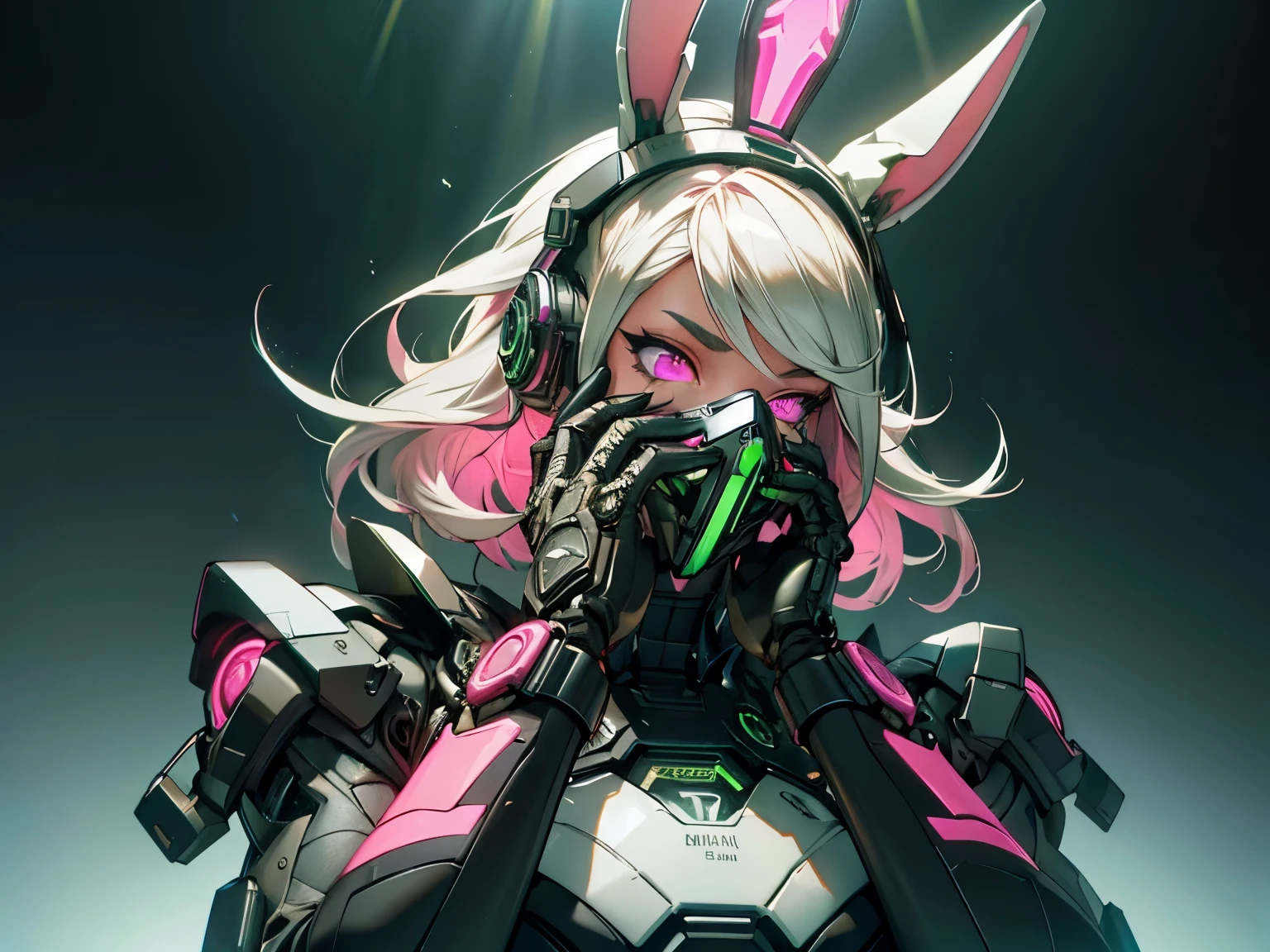 (3 heads:1.5), 1girl, ((melhor qualidade)),Menina de Cyborg no estilo cyborg，cabelos grisalhos，penteado longo do rabo de cavalo，Wear headphones shaped like rabbit ears and a gas mask，The gas mask has a green light on the surface，Vestido com um terno branco，There are long pink bands of light on the clothes，Pink eyelash glove），The left hand is a mechanical prosthesis，The main body is connected by wires and tubes， ((tmasterpiece)), (O detalhe:1.4), 。...3d, Uma bela imagem feminina cyberpunk,HDR（HighDynamicRange）,Traching de raias,NVIDIA RTX,Hyper-Resolution,irreal 5,Subsurface scattering、Textura PBR、post process、Filtragem de anisotropia、profundidade de campos、maximum definition and sharpness、Texturas de muitas camadas、Albedo e mapas Speculares、Surface Coloring、Precise simulation of light-material interactions、perfectly proportions、rendering by octane、Luz bicolor、grande abertura、ISO baixo、White balance、The rule of thirds、Dados brutos 8K、