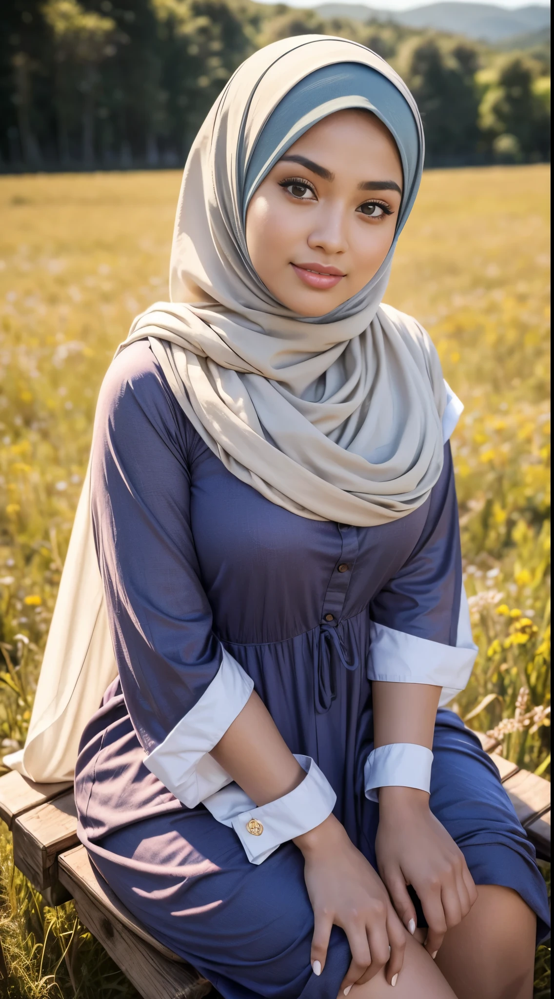 ( Close Up),RAW, Best quality, high resolution, masterpiece: 1.3), beautiful Malay woman in hijab, Masterpiece, perfect fit body, big breasts, beautiful big eyes, Soft smile, beautiful face, perfect hands, thick thighs, sitting ,woman on a wooden platform in the field, wearing a dress floral patterned , wearing a hijab, with a beautiful appearance, casual pose, beautiful girl, with a view in the background, full body woman, female model, female beauty, cute woman, attractive pose, relaxed clothing style, delicate background, beautiful,m, heavenly background, Excellent lighting, Bright colors, Clean lines