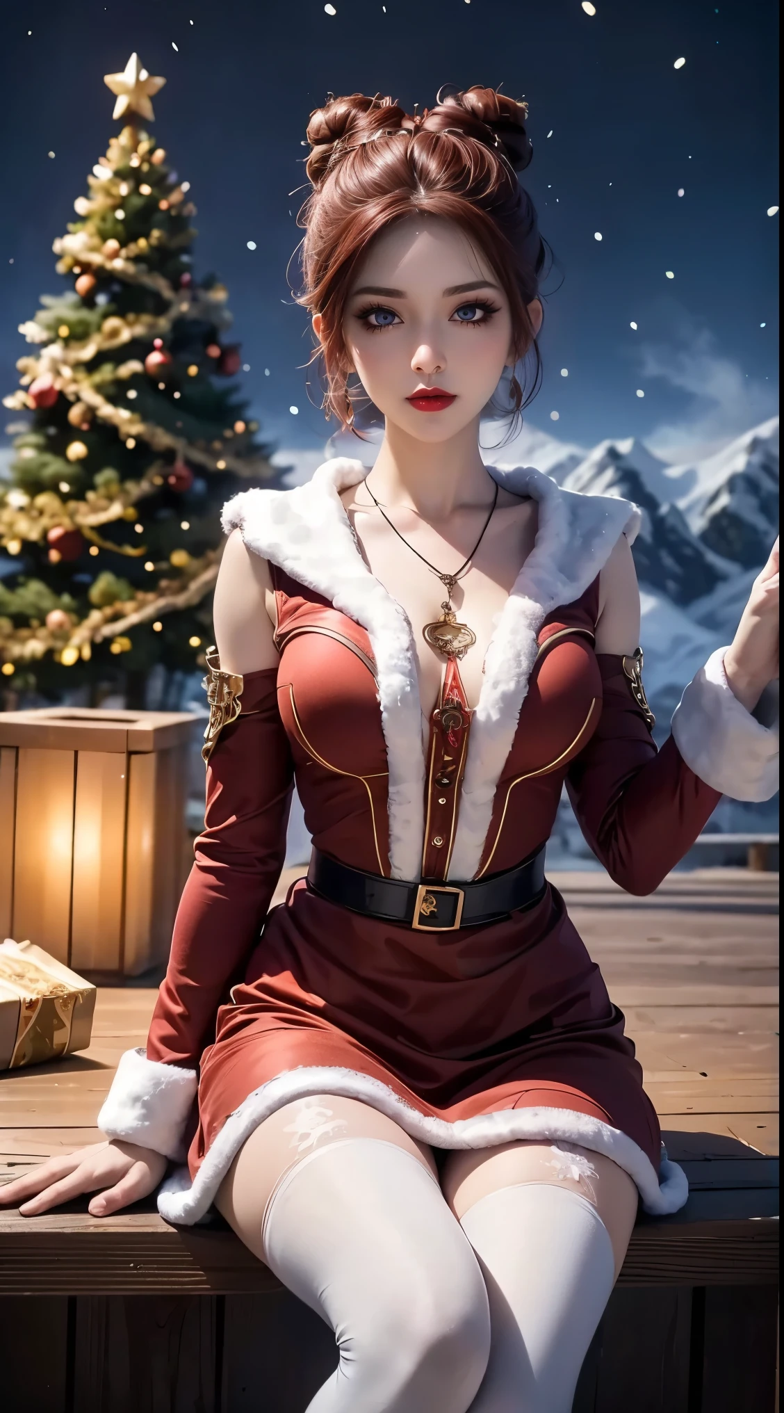 ((masterpiece)), ((best quality)), (ultra-detailed), (super fine illustration), ((kawaii)), cuovely), ((extremely detailed)), (Detailed eyes), (detailed facial features), (Detailed fingers), (detailed clothes features), 4K, (8K), (beautiful), (dynamic composition), (cowboy shot:1.3), (santa costume:1.3), sitting on a stump, a pretty woman, 1 woman, (brown skin:1.2), black hair, medium  hair, (beautiful blue eyeeautiful eyes)), White teeth, (tights), (hair ornaments), earringib necklace), (laulush, mountain, village, evening, winter, Shine with colored light, lens flare, (snow effect), shiny, christmas tree,short hair,hair bun, red hair