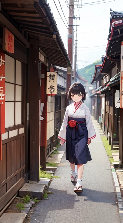 A girl in Japanese clothes walks along a road lined with temples and storefronts.