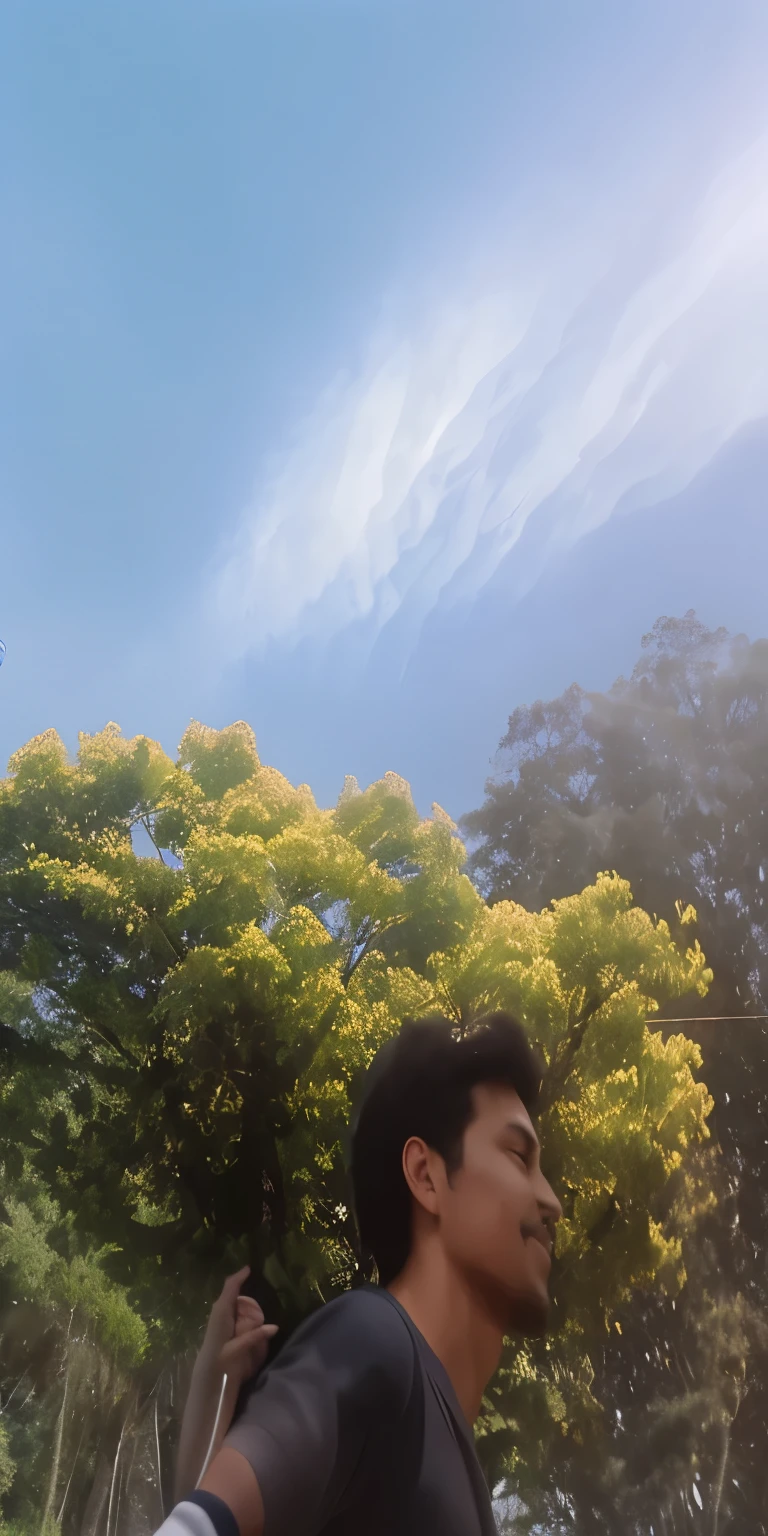 there is a muscular man who is flying a kite in the sky, background is celestial, trees in the background, taken with the best dlsr camera, nuvens em segundo plano, with a tall tree, amidst nature, Looking Up The Sky, foto de baixa qualidade, with clouds in the sky, some trees in the background, with trees, happy clouds behind
