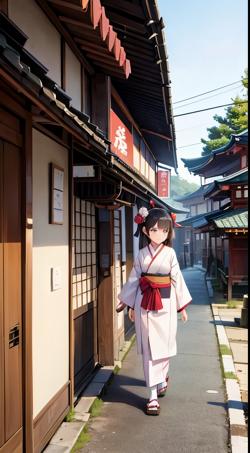 A girl in Japanese clothes walks along a road lined with temples and storefronts.