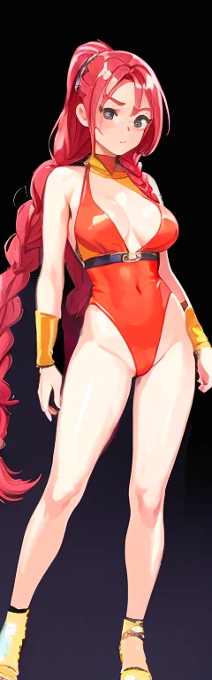 A beautiful woman with shoulder-length braided round hairstyle and red eyebrows is standing in an orange high-leg leotard with an open chest.。He wears a navy blue belt with a green light bulb on his stomach.。