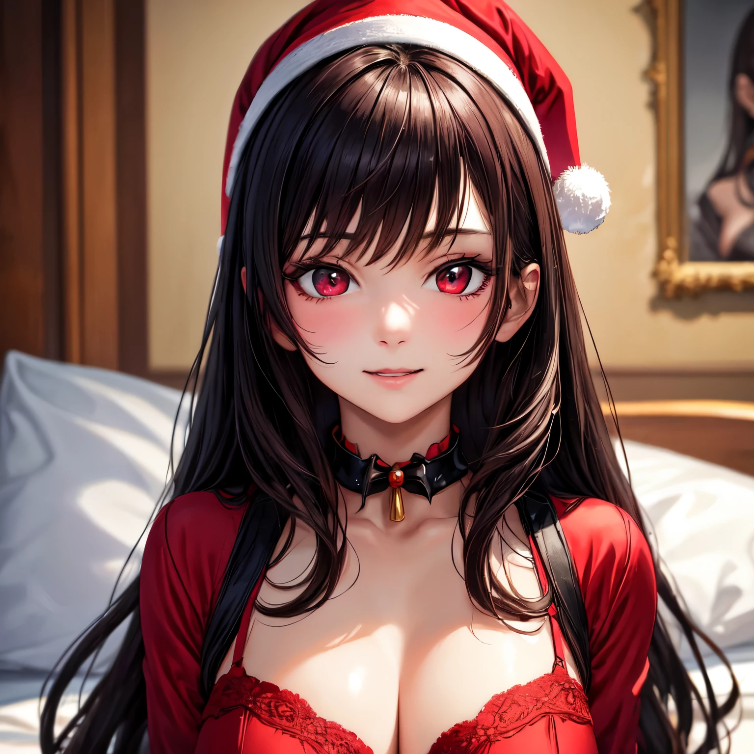 1girl, beautiful vampire queen, brunette long hair, red eyes, wearing a sexy red Christmas dress, showing, ultrasharp, 8k, looking at the viewer, ((best quality)), ((masterpiece)), (detailed), perfect face