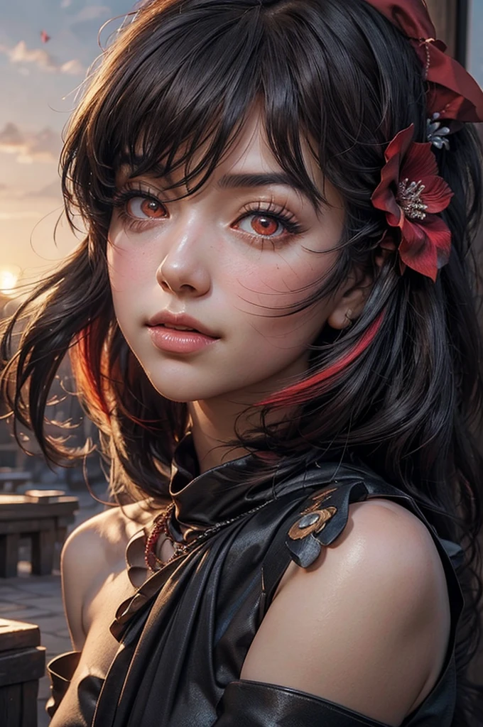 stunning girlfriend, (standing:1.1), dynamic pose, heart shaped face, elegant face, beautiful face, highly detailed face, highly detailed skin, skin pores, subsurface scattering, realistic pupils, loving smile, looking at viewer, full face blush, full lips, detailed background, depth of field, atmospheric perspective, volumetric lighting, sharp focus, absurdres, realistic proportions, good anatomy, (realistic, hyperrealistic:1.4), 16k hdr, 1girl, architecture, bangs, black_hair, black_kimono, breasts, east_asian_architecture, flower, hair_between_eyes, hair_flower, hair_ornament, japanese_clothes, kimono, long_hair, looking_at_viewer, multicolored_hair, night, obi, red_eyes, red_hair, sash, sky, clouds, sun, solo, thighhighs