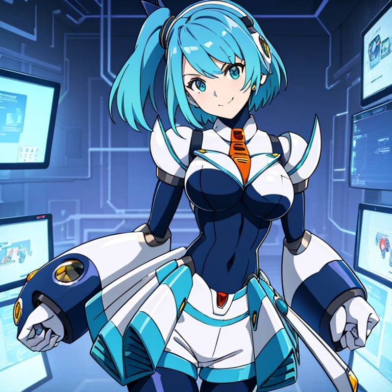 master piece, best quality, high-res, perfect_body, rico_megamanxdive, 1girl, solo, glamorous, 16yo, blue eyes, short hair, blue hair, huge_breasts, android, bodysuit, cyberspace, masterpiece, high quality, smile, Cyber-shot, Cyber-effect,