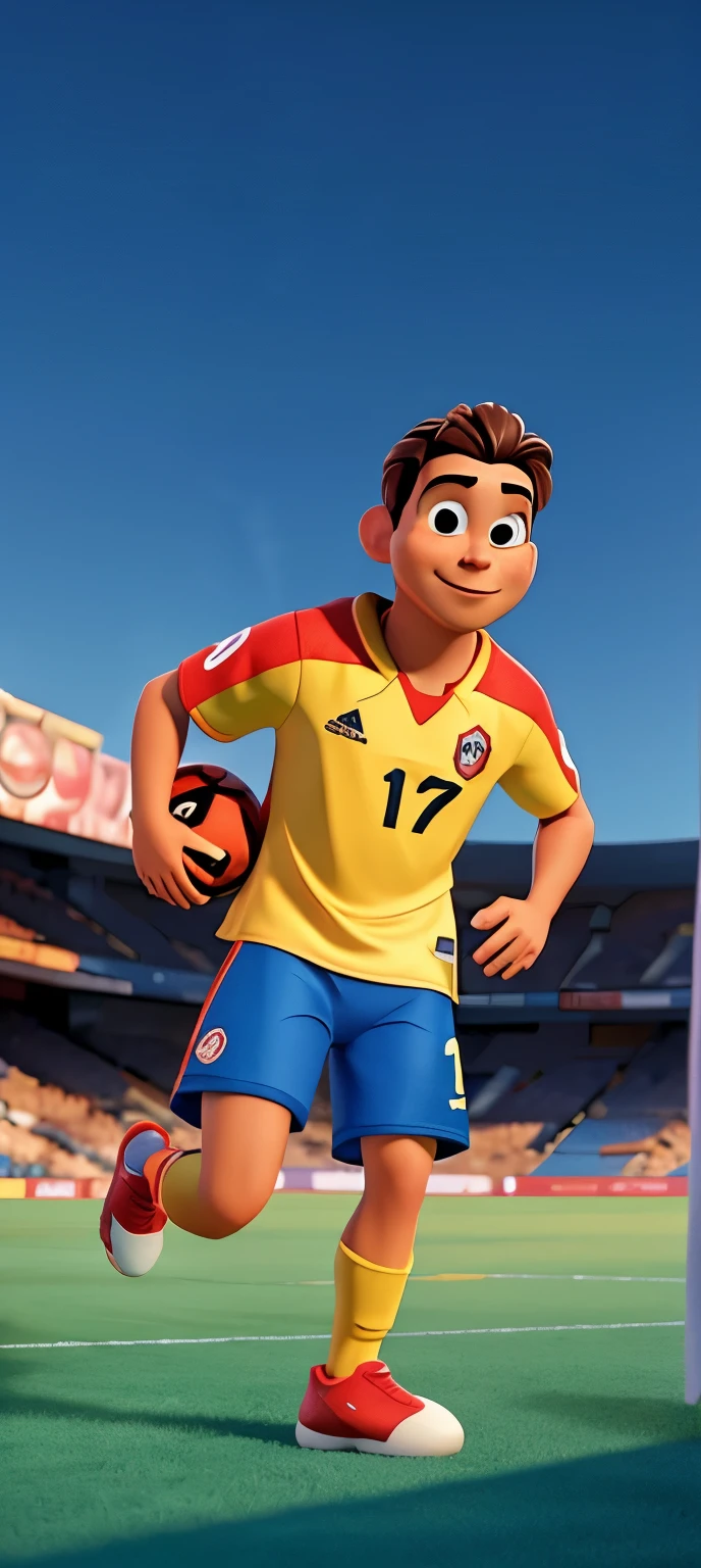 Imagem melhor qualidade, 8k, estilo Disney Pixar, com fundo de campo de futebol