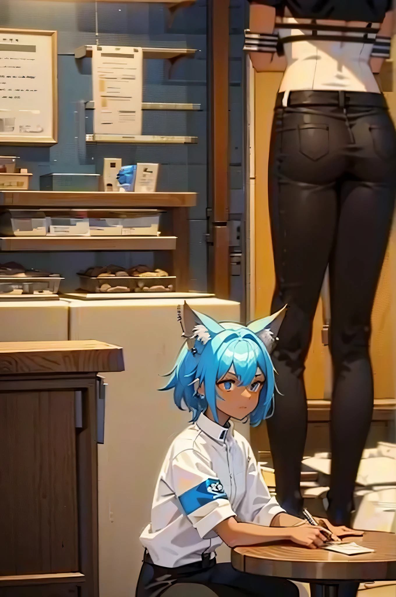 8K, Best Quality, Masterpiece, Ultra High Resolution, girl, short blue hair color, (short length cyan blue hair, disheveled hair), bright blue eyes, 1girl, black and white fox ears with piercings, blue hair, fantasy cyberpunk world, dark skin, dark skinned, 15 year old girl, big ass, black skin toned girl, black girl, fox ears, dark skin, dark skin toned girl, ranger, working, in an Italian Restaurant, inside of a restaurant, frowning, sitting, wearing long black pants, has very short hair, random people in the background