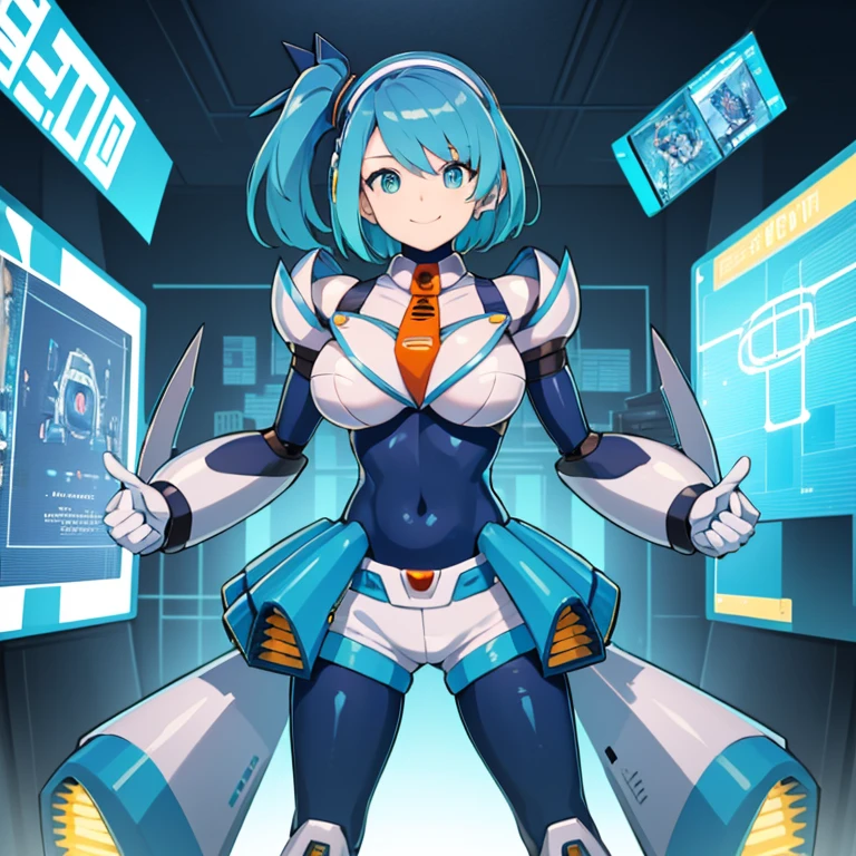 master piece, best quality, high-res, perfect_body, rico_megamanxdive, 1girl, solo, 16yo, blue eyes, short hair, blue hair, huge_breasts, android, bodysuit, cyberspace, masterpiece, high quality, smile, Cyber-shot, Cyber-effect,