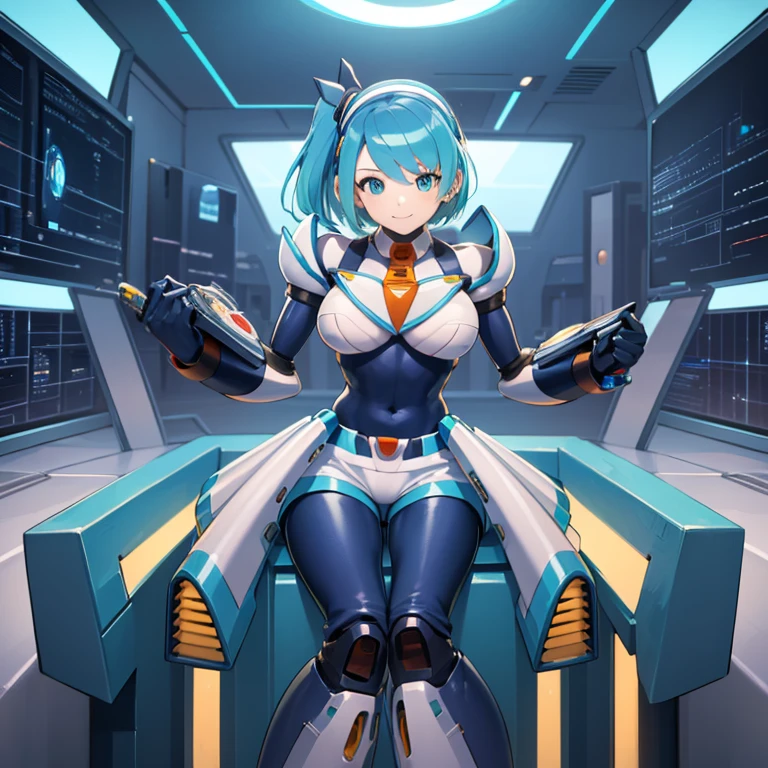 master piece, best quality, high-res, perfect_body, rico_megamanxdive, 1girl, solo, 16yo, blue eyes, short hair, blue hair, huge_breasts, android, bodysuit, cyberspace, masterpiece, high quality, smile, Cyber-shot, Cyber-effect,