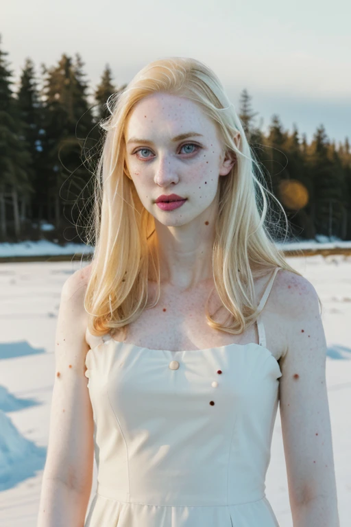 (pale white:1.5) dbwl woman adult with (pale_white_skin:1.5), 

[(beauty_marks:1.3):(light beauty_marks:.01):8],
(pale white skin:1.5) (with many moles:.01), 
 [(Natural light_blonde_hair:1), (light_blonde_eyelashes, light_blonde_eyebrows:1.3):4], [(blue_eyes:1):4], 
Nordic Scandinavian albino,

 (medium shot:.7), (full body shot:1.2),
Clean face, ponytail_hairstyle, 

 detailed_skin, (skinny:1.5), (fit:1.55), (sunny:1.1), front light, well lit, bare arms, arctic, snow, outdoors, nature, Scandinavia, unedited photograph, detailed, happy, dress, high resolution, photograph, RAW photo, in frame, 

BREAK 
[(large beauty_marks:.01), (many large light moles:1.7):8],