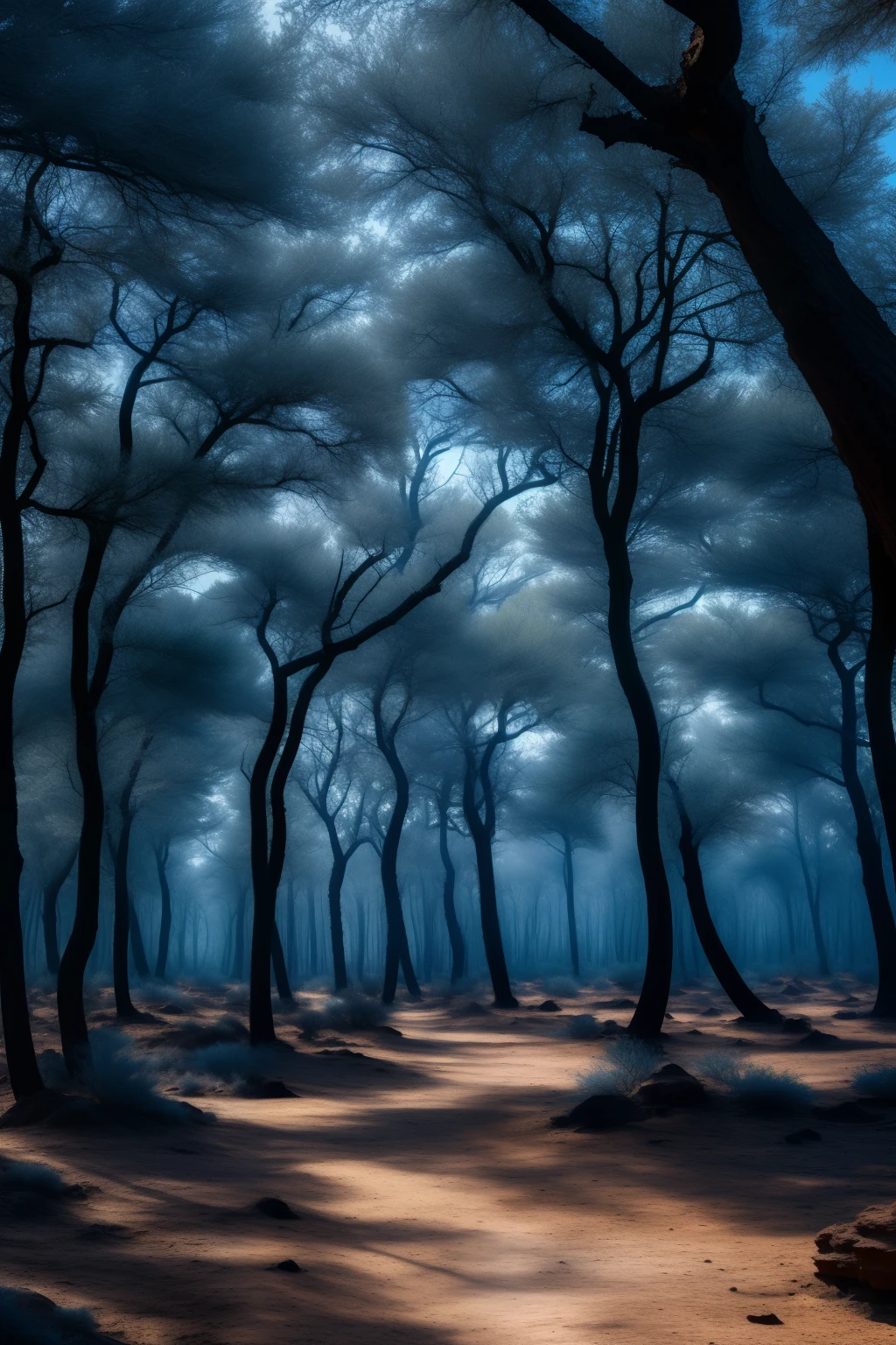 A Desert with Trees of deep blue leaves and grayish bark. Alien, abstract