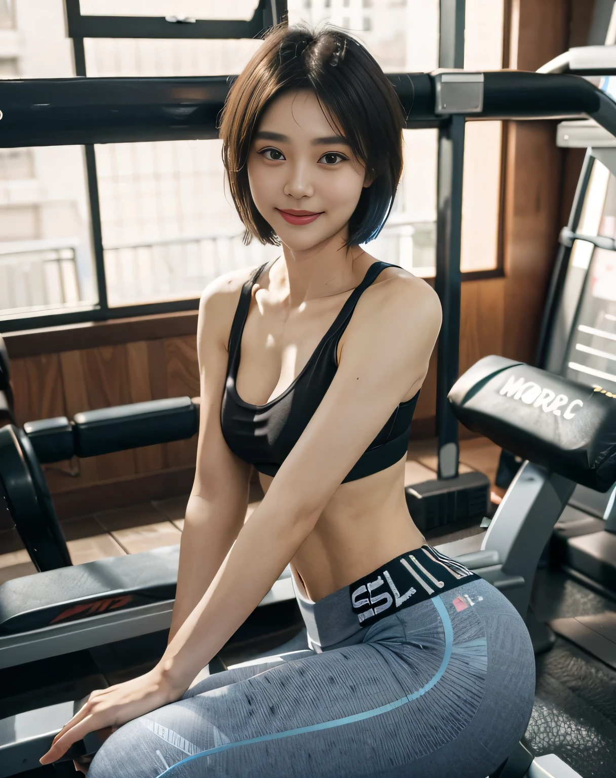 The highest image quality, RAW photos, Ultra-high sharpness, authentic skin texture，温柔的ssmile, 25 years old Asian beauty，Blue Bob Short Hair, blue hairs, Tight sports bra,The right yoga pants，with very thin lips, Beautiful eyes and details, long eyelasher, 二重まぶた, eye shadows, Abs，looking at the camera in，ssmile，The background is the interior of the gym，fitness machine