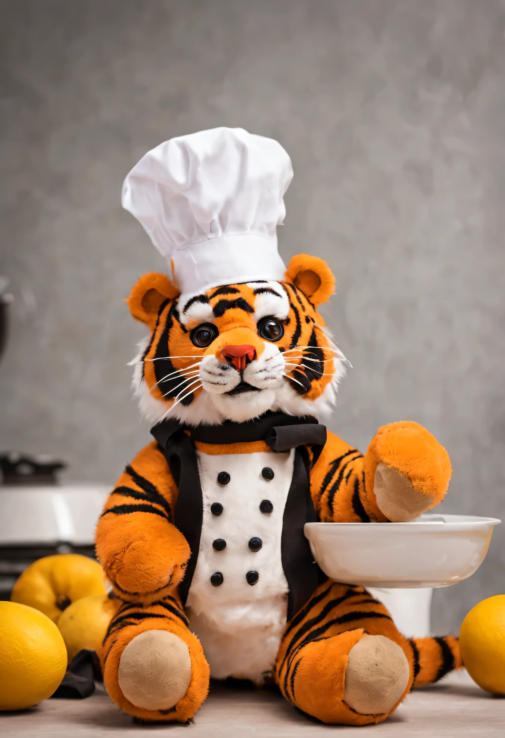 A tiger dressed as a chef&#39;Hats，toy advertising photos，Photos taken with a Nikon D750