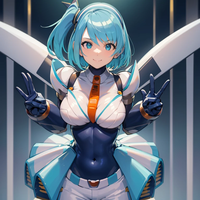 master piece, best quality, high-res, perfect_body, rico_megamanxdive, 1girl, solo, ****, blue eyes, short hair, blue hair, huge_breasts, android, bodysuit, cyberspace, masterpiece, high quality, smile, Cyber-shot, Cyber-effect,