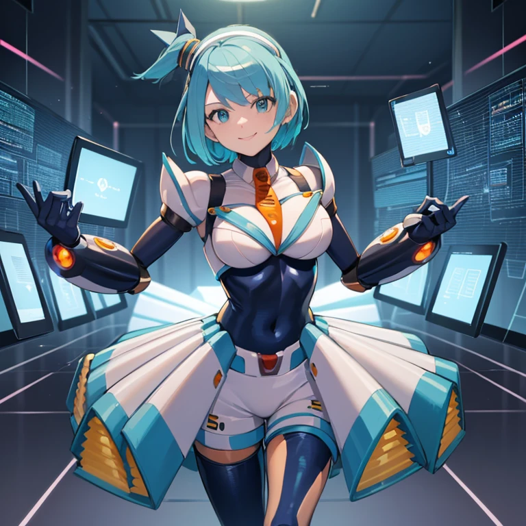 master piece, best quality, high-res, perfect_body, rico_megamanxdive, 1girl, solo, ****, blue eyes, short hair, blue hair, huge_breasts, android, bodysuit, cyberspace, masterpiece, high quality, smile, Cyber-shot, Cyber-effect,