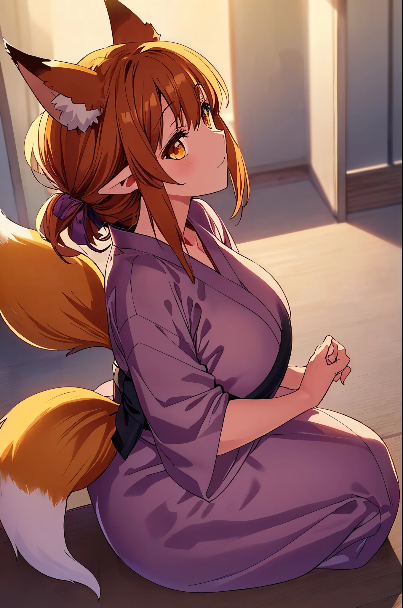 Anatomical, Award-winning concept art, Beautiful, fine details, ((Looking up at Viewer)), 1 Girl, Full Body, Solo, sitting, sitting on legs, (((Kitsune))), ((((((Very Dark brown fox tails and ears)))))), (((multiple kitsune fox tails))), (((((Very Dark brown hair))))), shoulder length hair, soft brown eyes, ((((purple yukata with black sash)))), Masterpiece, Best Quality, Super Detail, Illustration, Very Delicate and Beautiful, solo, Dynamic Angle, Looking at viewer, anime moe artstyle, motherly, (((Mommy))), ((Fox lady mommy)), ((Oneesan)), shoulder length hair, (plump), (FLUFFY FOX TAILS), exceptionally beautiful, ((curvy)), (((voluptuous))), high quality, volumetric lighting, Kitsune, Fantastic Visual Depiction, Professional Effect, Beautiful Girl, Unevenness, (volumetric lighting)