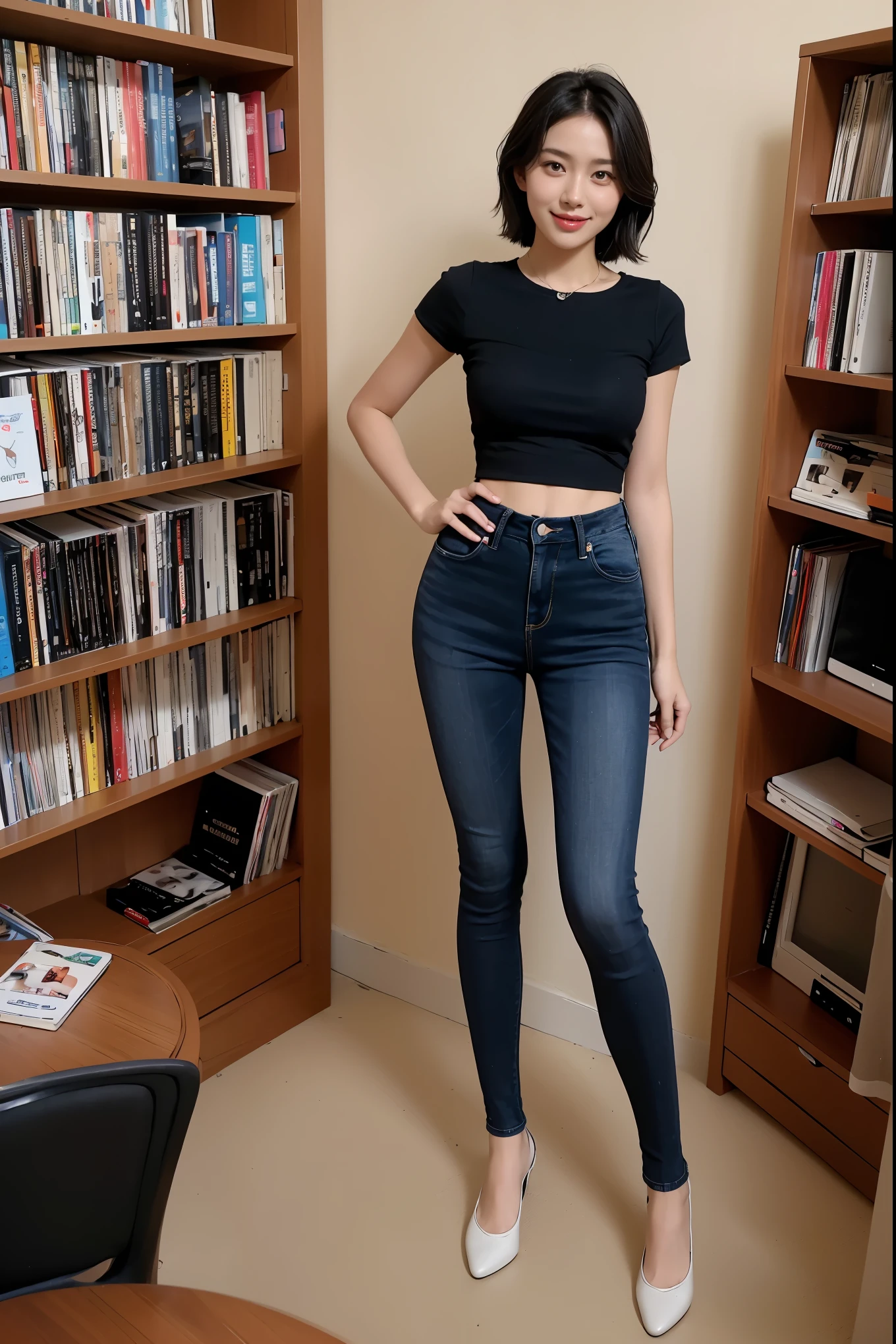 Arafed woman in a black top and jeans posing in front of a bookcase ...