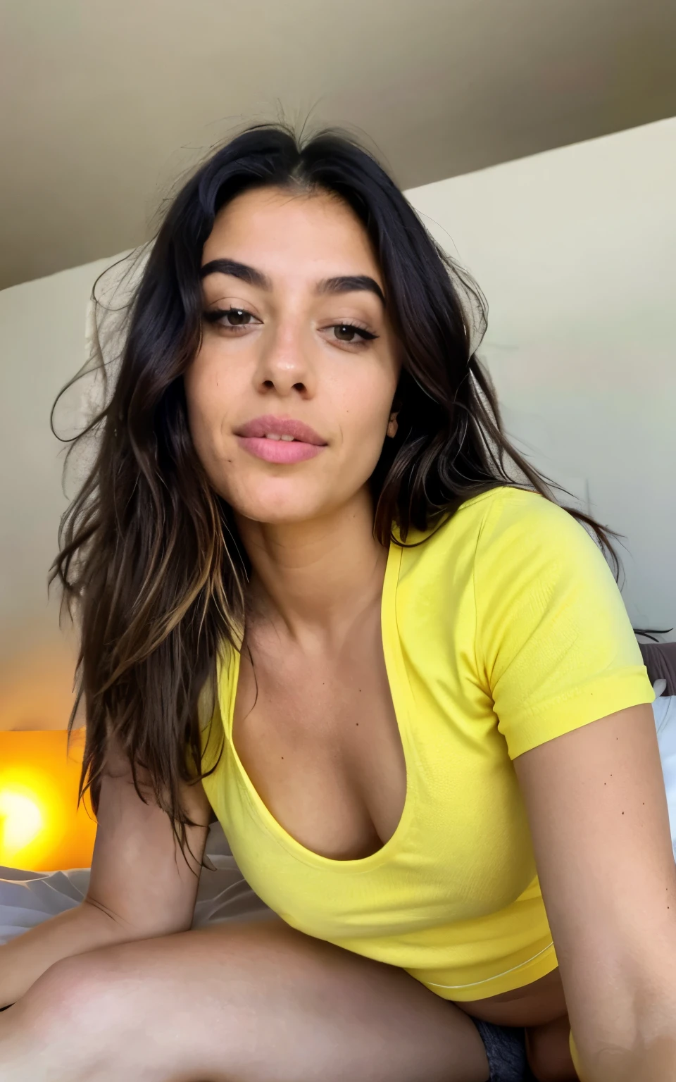 photorealistic, sharp focus, raw photo,  photo in bed selfie, beautiful 20 y.o latina-spanish girl, selfie, yellow tshirt, she is in her bed her body shape is showing, looking at camera skin poreace texture, pores, (goosebumbs:0.7), seducing  pose, face focus, taken with iphone 14 camera, in bed showing messy hair