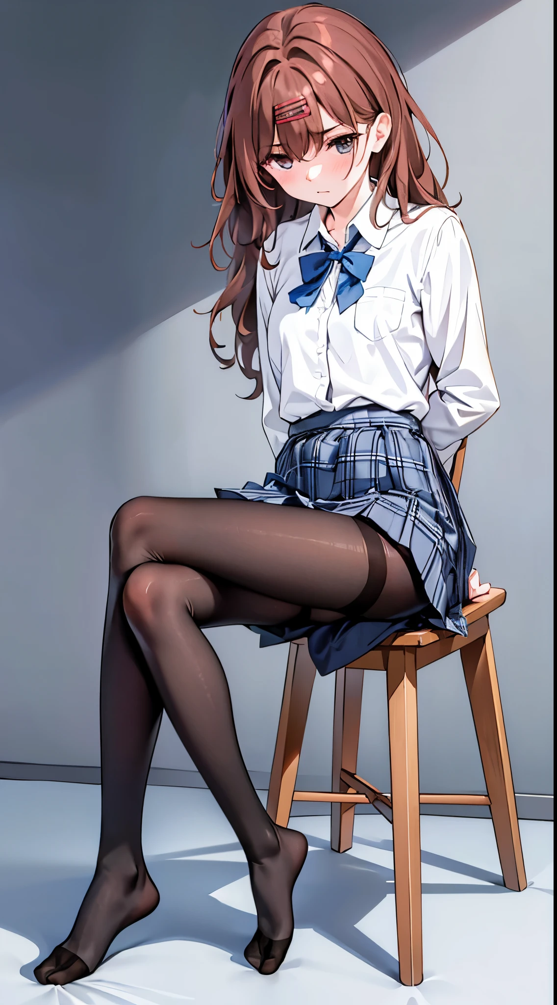 Finest, masterpiece, high definition, (full body), frontal, symmetrical, mature high school girl, solo, (full body from head to toe), small breasts, long hair, slightly messy hair, (black tights), ( (black pantyhose), black pantyhose, (composition where she is made to sit and lift her legs and make her legs open), (bound arms, arms behind back), composition showing white panties, slender beautiful legs, a very beautiful **************** (not wearing shoes) legs), blushing, shy big eyes, messy hair, looking at camera, showing white panties, white frilly lingerie, high school uniform blazer, high school uniform White blouse, high school uniform with blue ribbon, high school uniform with short plaid pattern and navy pleated skirt, Madoka Higuchi