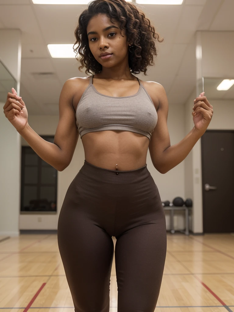 A Brown woman 22yo, with afro curly, perfect face, delicate lips, athletic body, with six-pack abs, wide hips, medium thighs, medium chest, Brown cropped and brown legging, in gym
