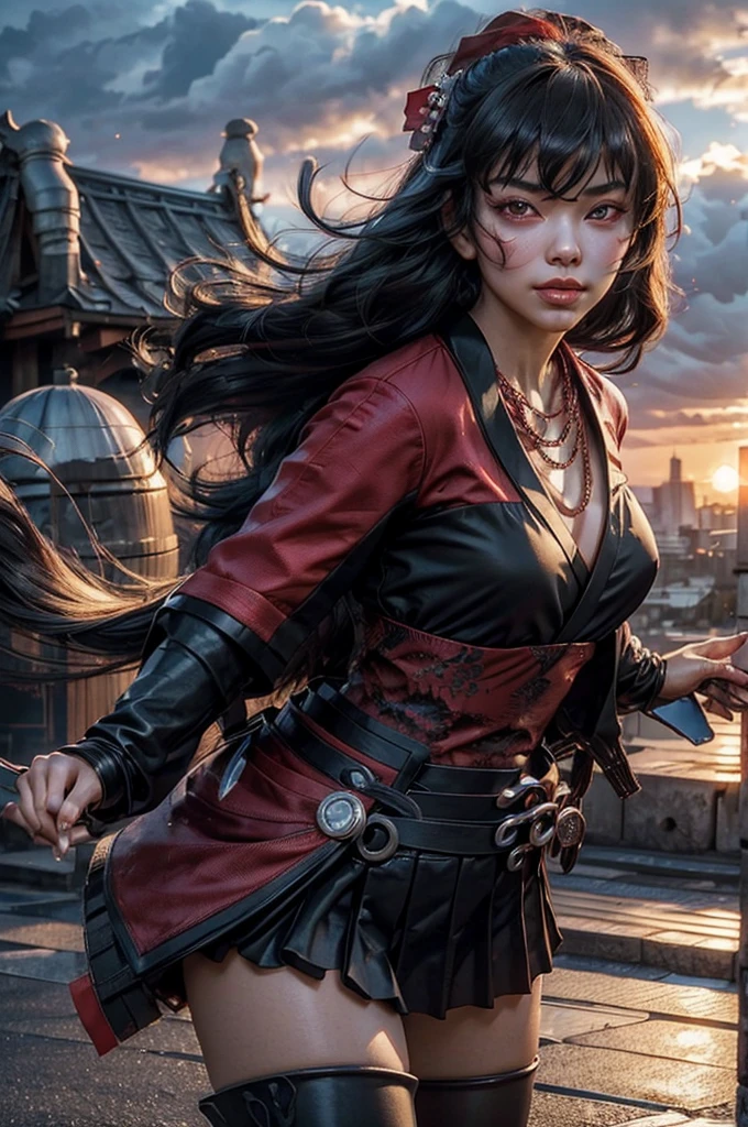 stunning girlfriend, (standing:1.1), dynamic pose, heart shaped face, elegant face, beautiful face, highly detailed face, highly detailed skin, skin pores, subsurface scattering, realistic pupils, loving smile, looking at viewer, full face blush, full lips, detailed background, depth of field, atmospheric perspective, volumetric lighting, sharp focus, absurdres, realistic proportions, good anatomy, (realistic, hyperrealistic:1.4), 16k hdr, 1girl, architecture, bangs, black_hair, black_kimono, breasts, east_asian_architecture, flower, hair_between_eyes, hair_flower, hair_ornament, japanese_clothes,  thighhighs kimono, long_hair, looking_at_viewer, multicolored_hair, night, obi, red_eyes, red_hair, sash, sky, clouds, sun, solo